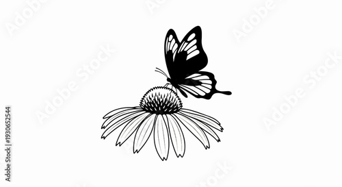Black and white illustration of a butterfly perched on a flower