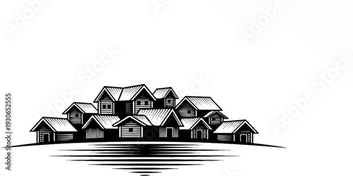 Black and white illustration of a cluster of small wooden houses on a hill
