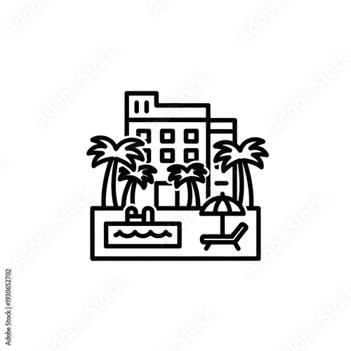 Luxury beachfront hotel with pool and palm trees on sunny day