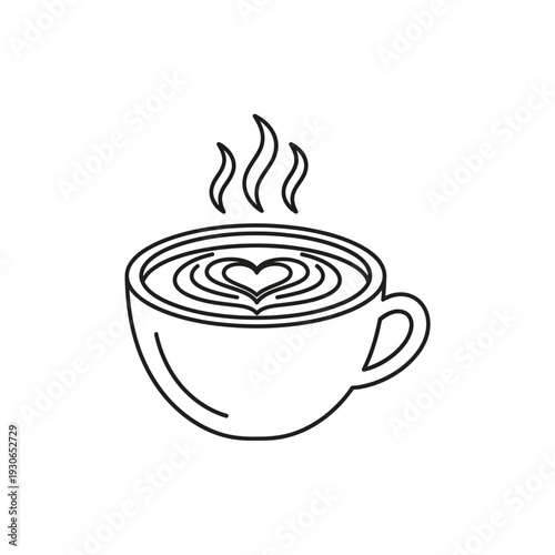Minimalist Line Art of a Steaming Cup of Coffee with Heart Design