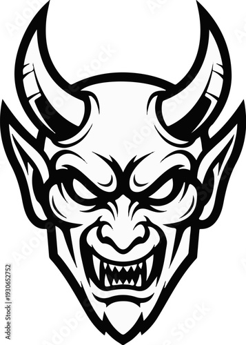 Black and white illustration of a fierce demon face with sharp teeth and horns