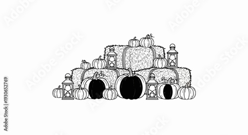 A harvest display of pumpkins and lanterns on stacked hay bales