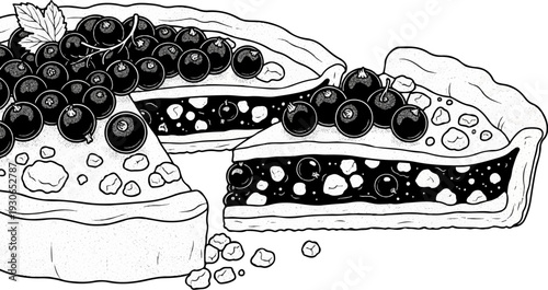 Blackcurrant pie slices with berries and crust detail