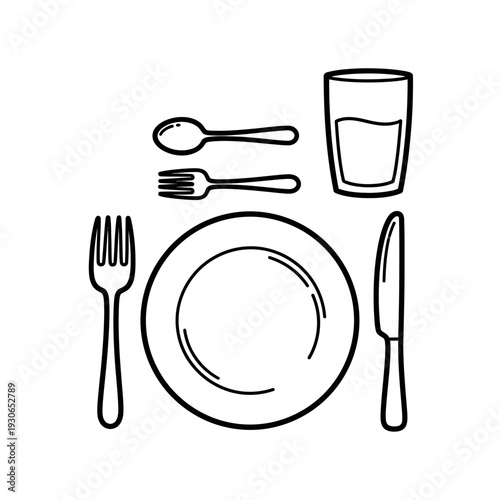 Minimalist Black and White Line Drawing of Table Setting with Plate Glass and Utensils