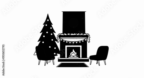 Cozy holiday scene with a decorated evergreen tree and a lit fireplace flanked by chairs