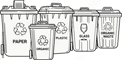 Lined drawing of recycling bins for paper, plastic, glass, and organic waste