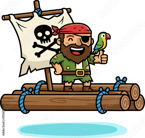 Cartoon Pirate Standing On A Wooden Raft With A Parrot And Jolly Roger Flag Illustration