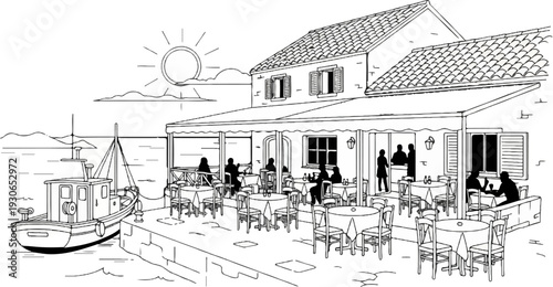 A seaside eatery with outdoor seating, a fishing boat docked nearby, under a bright sun