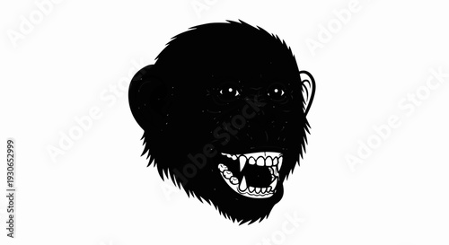 A black and white illustration of a chimpanzee with its mouth open wide showing teeth