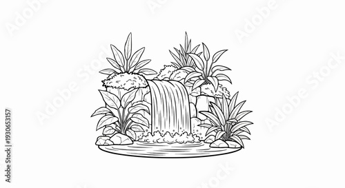 Lush jungle waterfall cascades into a serene pool surrounded by tropical foliage and rocks