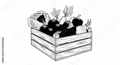 Black and white illustration of a wooden crate brimming with fresh, varied produce