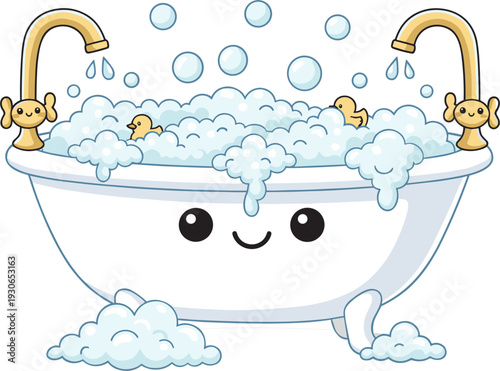 Cute 2D Vector Bathtub Character Filled With Bubbles and Rubber Ducks