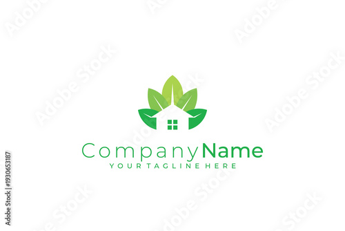 simple nature house logo design vector with flat style in green color