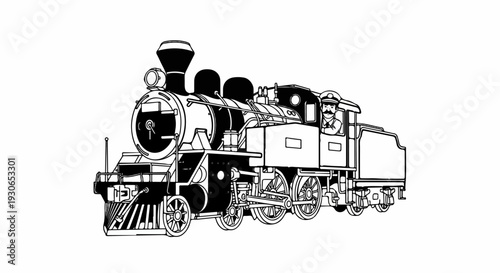 A black and white illustration of a vintage steam train with a mustachioed conductor at the helm