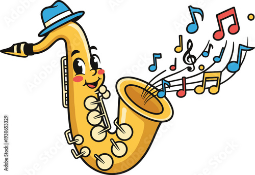Cute 2D Vector Saxophone Character Playing Music With Notes
