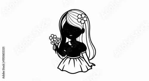 A silhouette of a young girl with long hair adorned with a flower, holding a bouquet