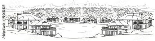 Diverse residential architecture surrounds a tranquil lake with a distant cityscape