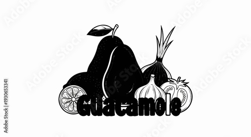 Black and white illustration of guacamole ingredients avocados, lime, onion, tomato, and garlic