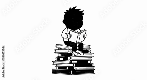 A silhouetted child happily reads a book while perched atop a tall stack of books