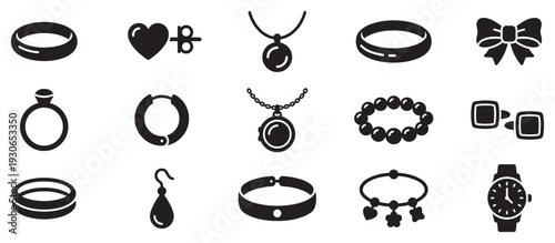 Jewelry items and accessories collection in a modern black silhouette style, perfect for elegant fashion and luxury concepts.
