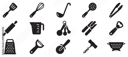 Kitchen utensils and tools icons set collection features a variety of essential cooking and baking equipment in a modern flat design style.