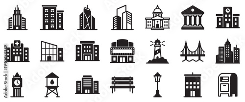 City building and urban infrastructure icons collection in a simple black silhouette style for various design projects.