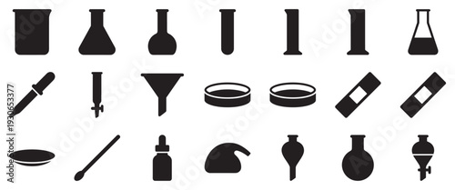 Laboratory equipment and medical supplies icons collection features various scientific tools and healthcare items in silhouette.