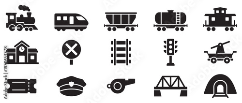 Train and railway icons collection features various elements of the railroad system, including vehicles, infrastructure, and related items, presented as black silhouettes.