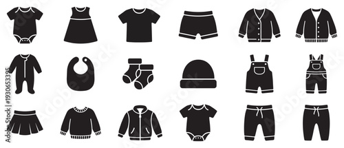 Baby clothes icons set featuring various garments and accessories for newborns and toddlers in a simple silhouette style.