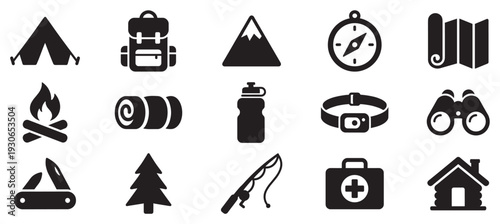 Outdoor adventure camping icons set featuring essential equipment and nature elements for exploration and discovery.