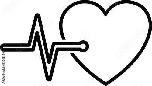 A simple, black and white graphic representing a heart and a heart monitor line