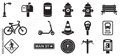 Street elements icons collection illustrating various urban objects, public infrastructure, and transportation symbols commonly found in a city.