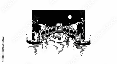 Black and white illustration of Venice's Rialto Bridge with gondolas and a full moon at night