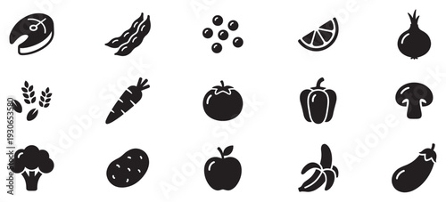 Healthy food icons vector set representing various fresh produce and nutritious ingredients for a balanced diet.