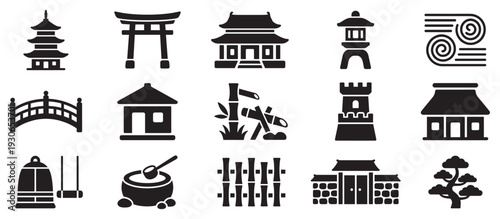 Japanese cultural icons and traditional symbols collection featuring ancient architecture, nature, and spiritual elements in a minimalist black silhouette style.