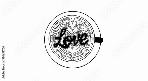 Black and white line art depicts a coffee cup with latte art spelling "Love