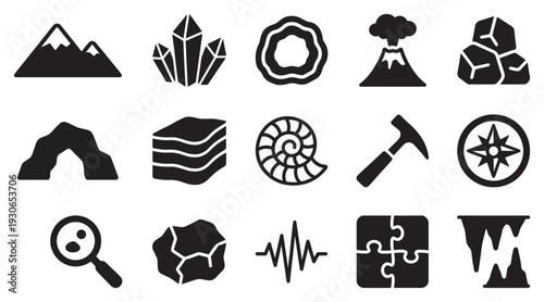 Geology and earth science icons collection representing various natural phenomena and geological processes in a simple silhouette style.