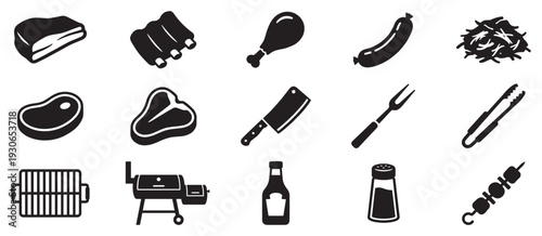 Barbecue and grilling icons representing various meats and tools essential for a delicious outdoor cooking experience.