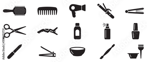 Beauty and hair care tools icons set collection featuring various salon and personal grooming accessories for styling and maintenance.