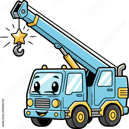Cute Blue Crane Truck With Star Graphic Design