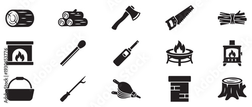 Fireplace and firewood icons set with various tools and elements for heating and camping activities in a simple silhouette style.
