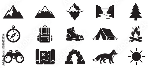Outdoor adventure icons collection featuring various elements for hiking, camping, and nature exploration activities in a simple graphic style.