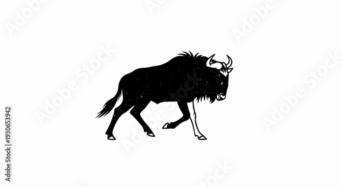 Silhouette of a wildebeest in motion against a white background