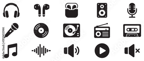 Music and audio icons collection featuring various sound devices and symbols for entertainment, recording, and listening experiences.