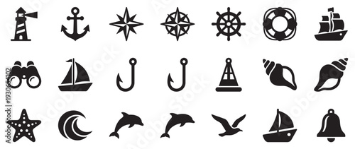 Nautical marine sea ocean sailing travel icons collection representing various elements of maritime adventure and exploration.