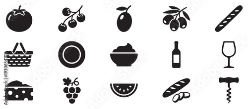 Food and drink icons collection representing various culinary elements essential for a delightful picnic or meal.