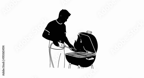 Man ignites grill with propane torch, preparing for outdoor cooking