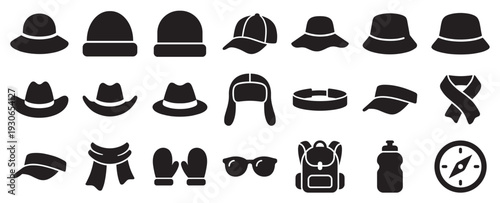 Comprehensive set of outdoor accessories and headwear icons, perfect for travel, adventure, and seasonal protection.