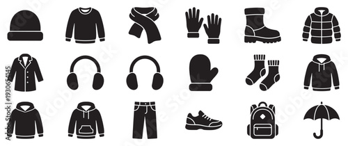 Winter clothing and accessories icons collection for cold weather protection and stylish outdoor fashion essentials.