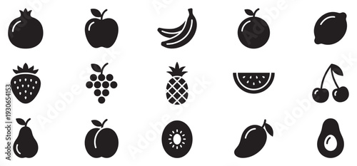Various fruit icons collection representing healthy eating and fresh produce, perfect for web design and nutritional themes.